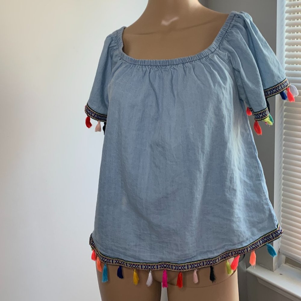 Speed limit short sleeve denim color top with colorful tassels, size M